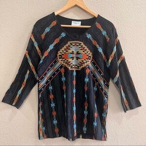 Cactus Bay Womens Sz M Top Black V Neck Aztec Southwest Rhinestone Prints Tribal
